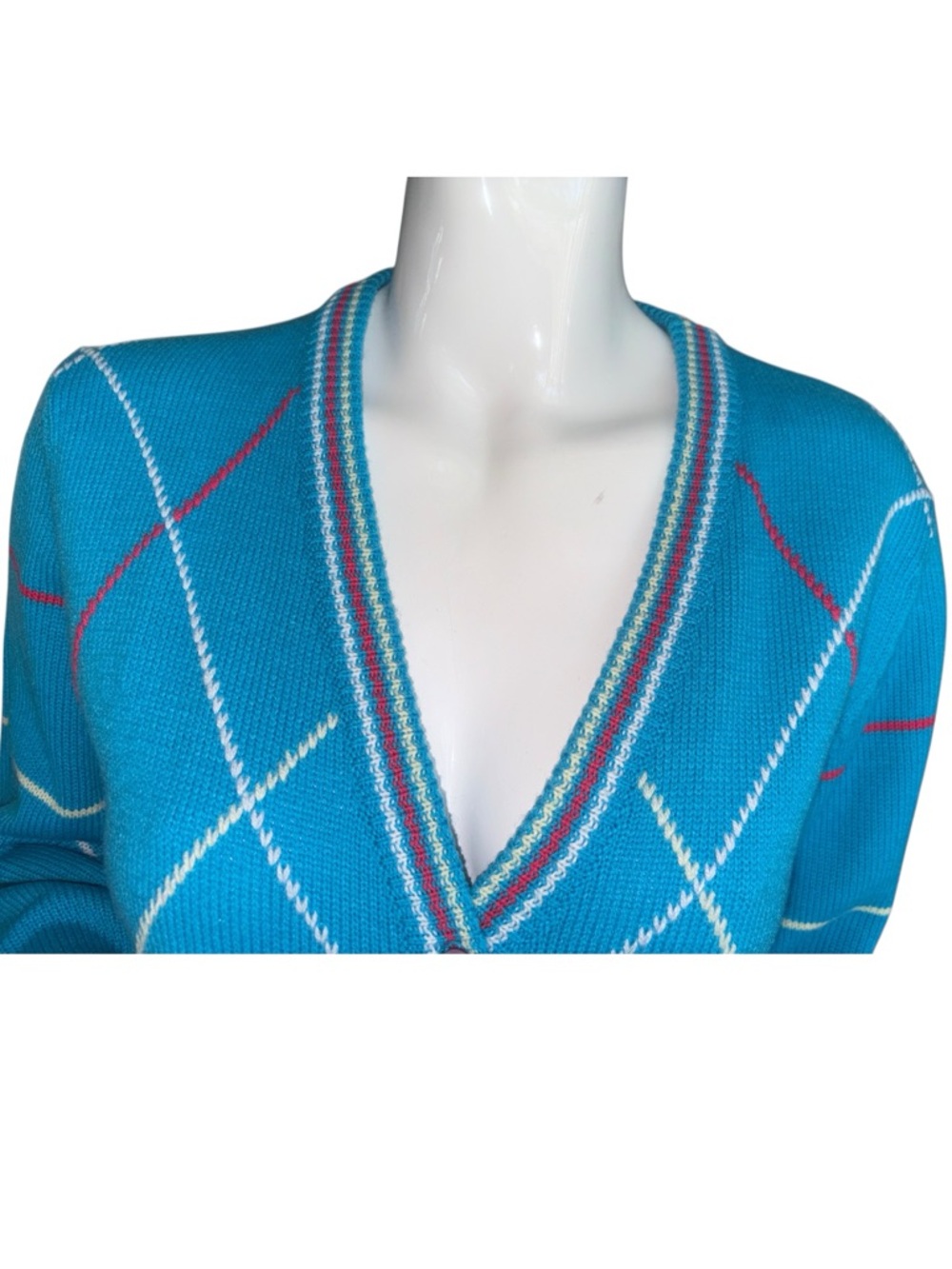 Aurea Bright Teal Argyle Button-Front Cardigan. Women’s Size Medium - Picture 5 of 7